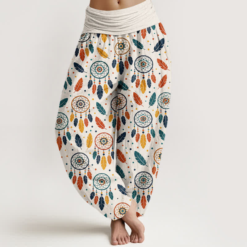 Buddha Stones Pantaloni harem da donna in cotone con motivo a acchiappasogni e piume, con elastico in vita. - Bianco - US16, UK/AU20, EU48 (3XL) - image 0