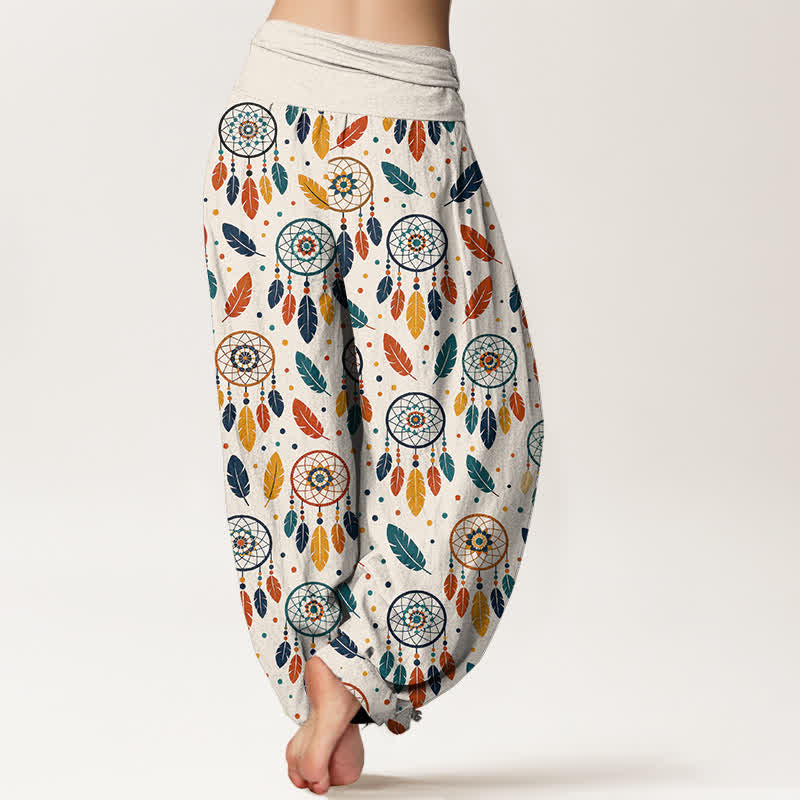 Buddha Stones Pantaloni harem da donna in cotone con motivo a acchiappasogni e piume, con elastico in vita. - image 2