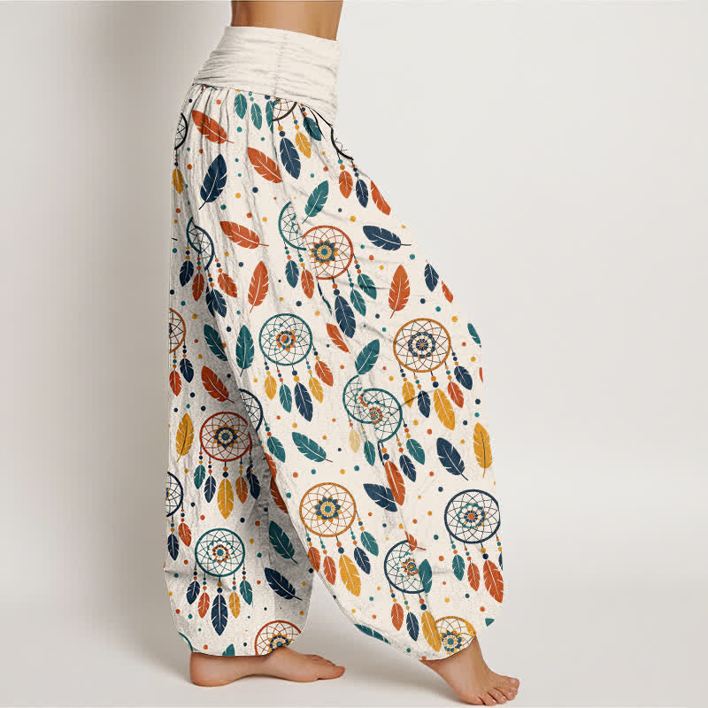 Buddha Stones Pantaloni harem da donna in cotone con motivo a acchiappasogni e piume, con elastico in vita. - image 1