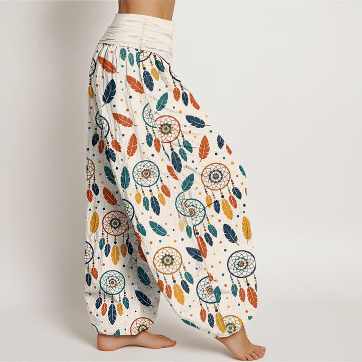 Buddha Stones Pantaloni harem da donna in cotone con motivo a acchiappasogni e piume, con elastico in vita. - image 1
