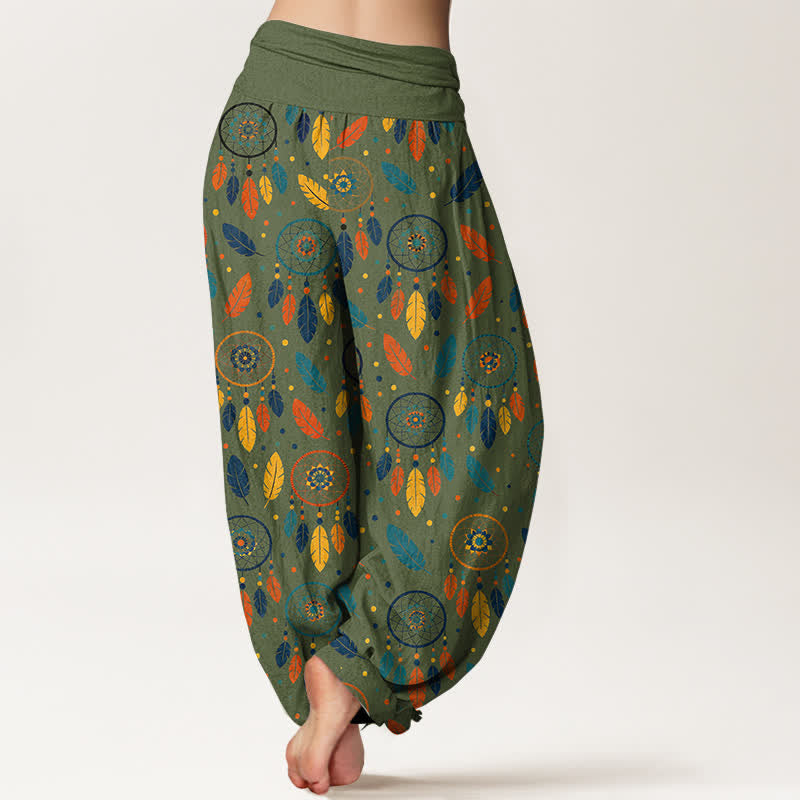 Buddha Stones Pantaloni harem da donna in cotone con motivo a acchiappasogni e piume, con elastico in vita. - image 7