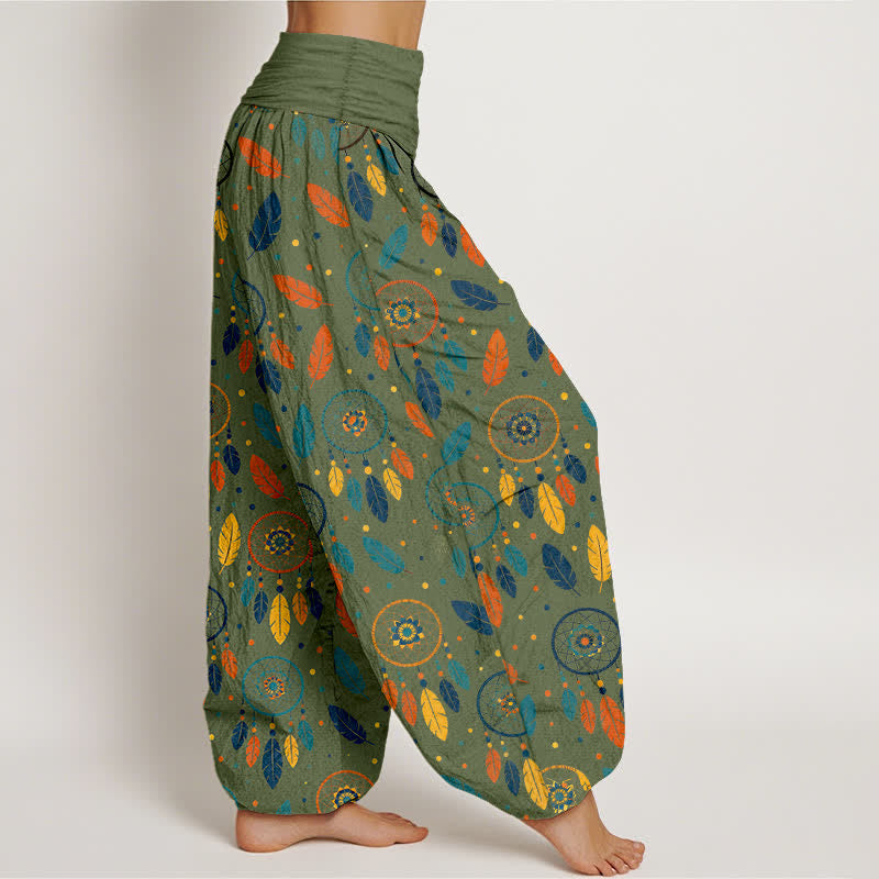 Buddha Stones Pantaloni harem da donna in cotone con motivo a acchiappasogni e piume, con elastico in vita. - image 6