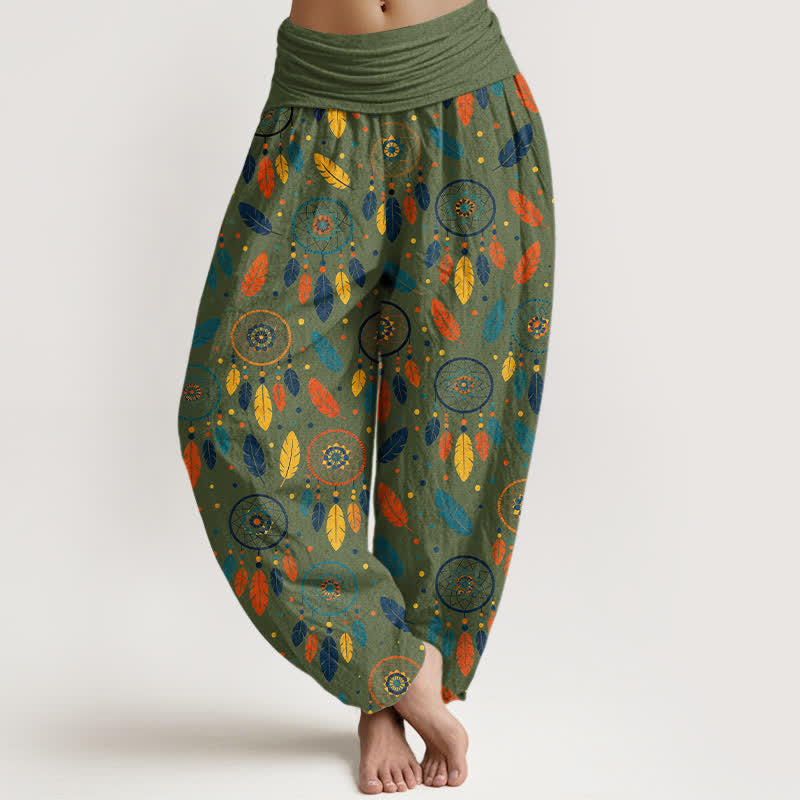 Buddha Stones Pantaloni harem da donna in cotone con motivo a acchiappasogni e piume, con elastico in vita. - Verde oliva - US16, UK/AU20, EU48 (3XL) - image 5