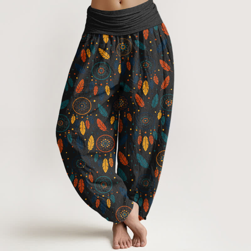 Buddha Stones Pantaloni harem da donna in cotone con motivo a acchiappasogni e piume, con elastico in vita. - Nero - US16, UK/AU20, EU48 (3XL) - image 8