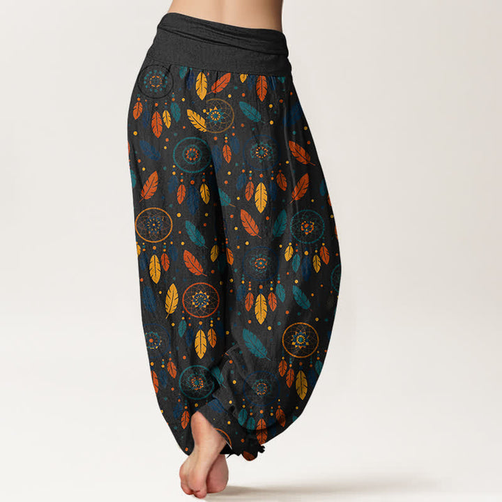 Buddha Stones Pantaloni harem da donna in cotone con motivo a acchiappasogni e piume, con elastico in vita. - image 10