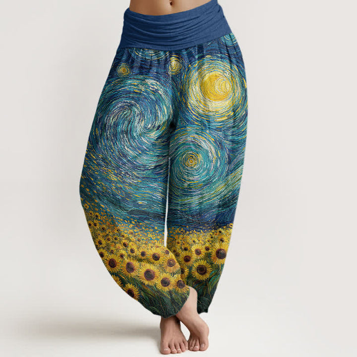 Buddha Stones Pantaloni harem da donna in cotone con motivo "Notte stellata e girasoli" e vita elasticizzata. - Blu reale - US16, UK/AU20, EU48 (3XL) - image 0