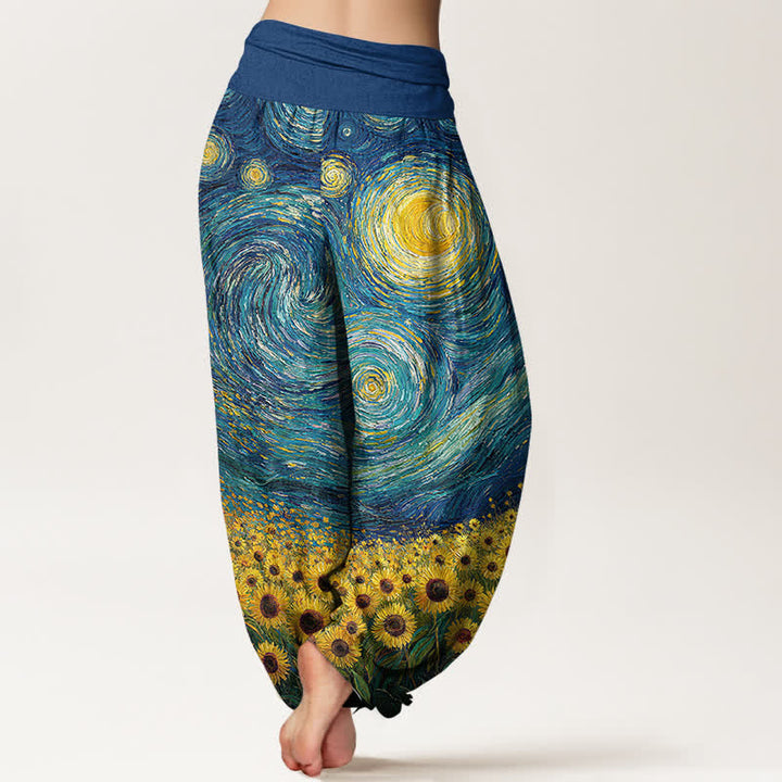 Buddha Stones Pantaloni harem da donna in cotone con motivo "Notte stellata e girasoli" e vita elasticizzata. - image 2