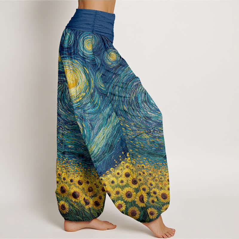 Buddha Stones Pantaloni harem da donna in cotone con motivo "Notte stellata e girasoli" e vita elasticizzata. - image 1