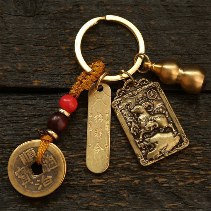 Buddha Stones Portachiavi in ​​rame con monete dello zodiaco cinese dei Cinque Imperatori e zucca protettiva - Capra - image 0
