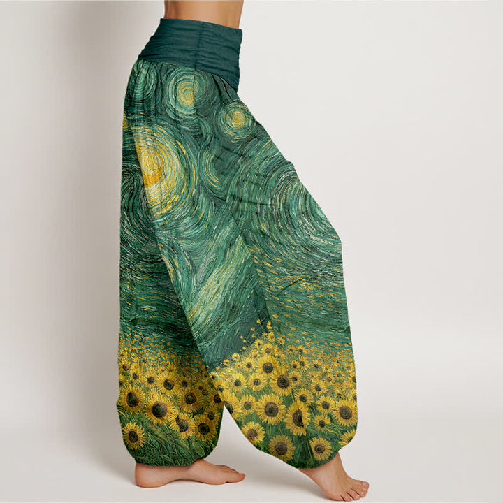 Buddha Stones Pantaloni harem da donna in cotone con motivo "Notte stellata e girasoli" e vita elasticizzata. - image 6