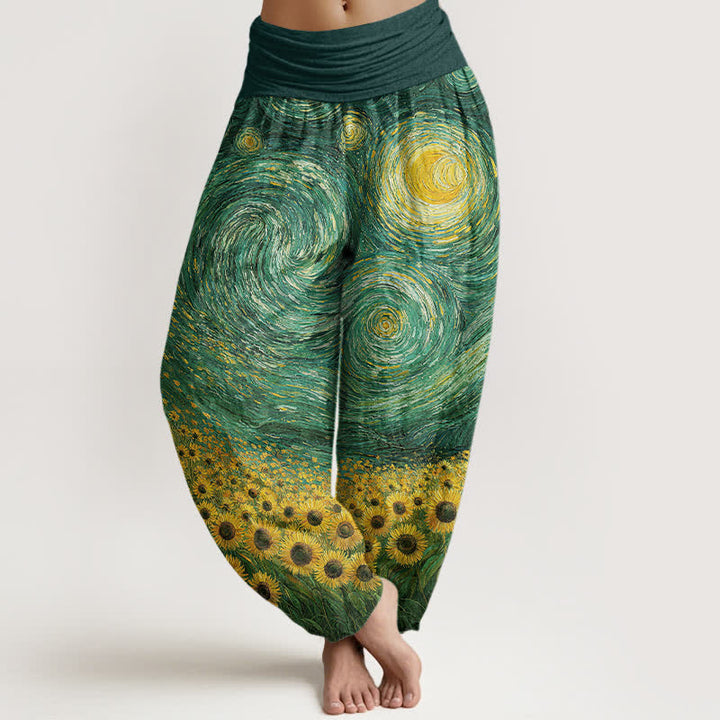 Buddha Stones Pantaloni harem da donna in cotone con motivo "Notte stellata e girasoli" e vita elasticizzata. - Verde mare - US16, UK/AU20, EU48 (3XL) - image 5