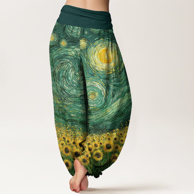 Buddha Stones Pantaloni harem da donna in cotone con motivo "Notte stellata e girasoli" e vita elasticizzata. - image 7