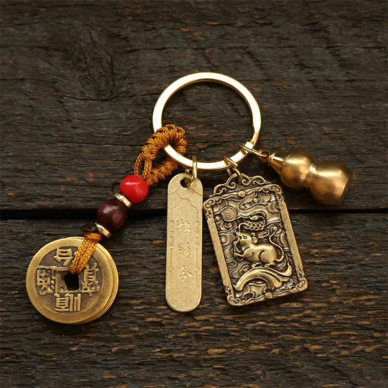 Buddha Stones Portachiavi in ​​rame con monete dello zodiaco cinese dei Cinque Imperatori e zucca protettiva - Ratto - image 1