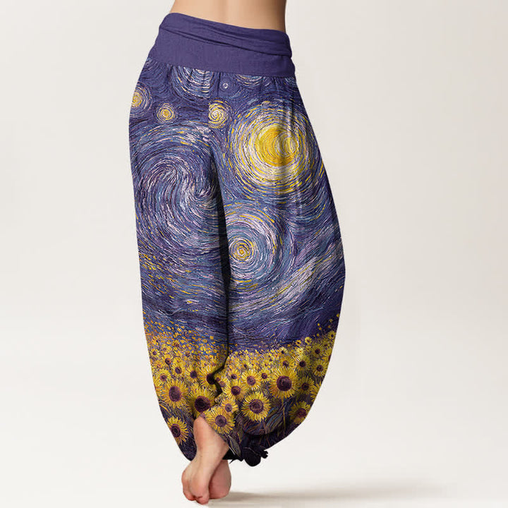 Buddha Stones Pantaloni harem da donna in cotone con motivo "Notte stellata e girasoli" e vita elasticizzata. - image 10