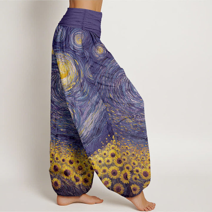 Buddha Stones Pantaloni harem da donna in cotone con motivo "Notte stellata e girasoli" e vita elasticizzata. - image 9