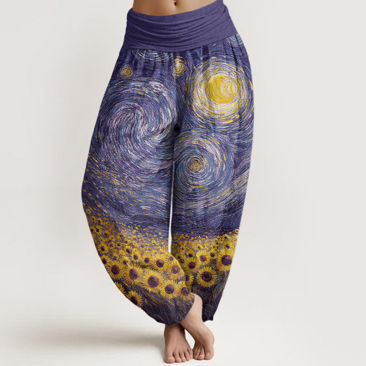 Buddha Stones Pantaloni harem da donna in cotone con motivo "Notte stellata e girasoli" e vita elasticizzata. - BluViola - US16, UK/AU20, EU48 (3XL) - image 8