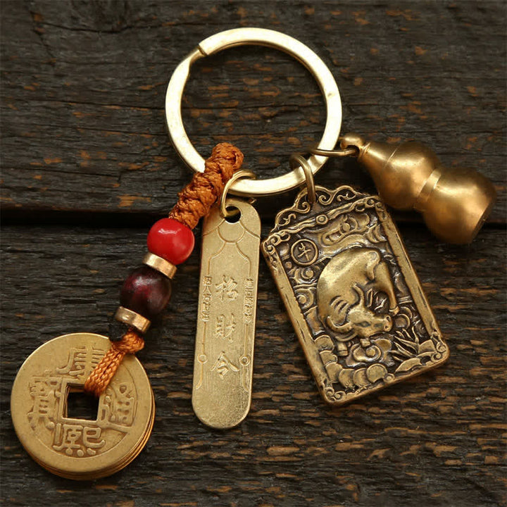Buddha Stones Portachiavi in ​​rame con monete dello zodiaco cinese dei Cinque Imperatori e zucca protettiva - Bue - image 2