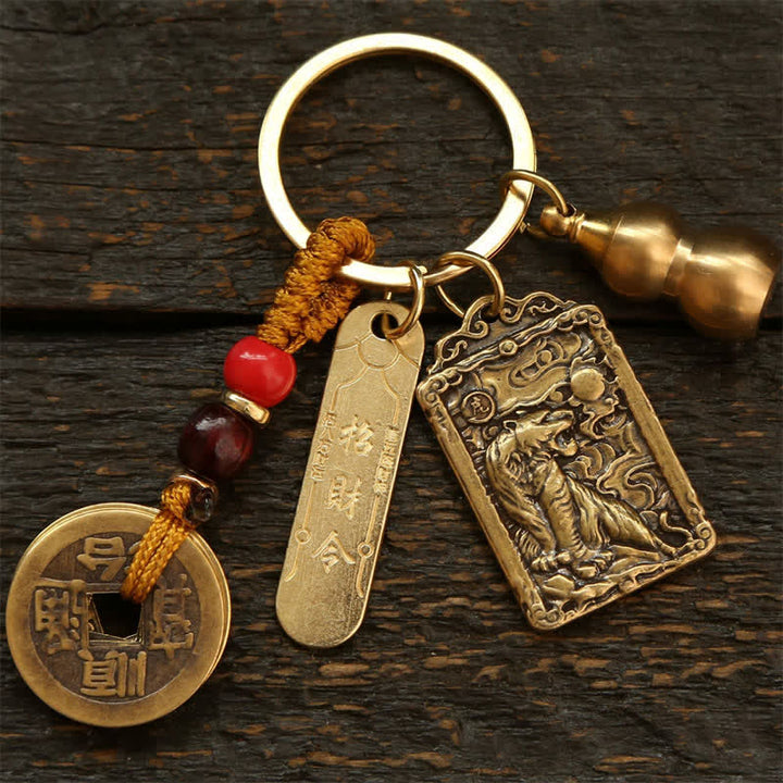 Buddha Stones Portachiavi in ​​rame con monete dello zodiaco cinese dei Cinque Imperatori e zucca protettiva - Tigre - image 3