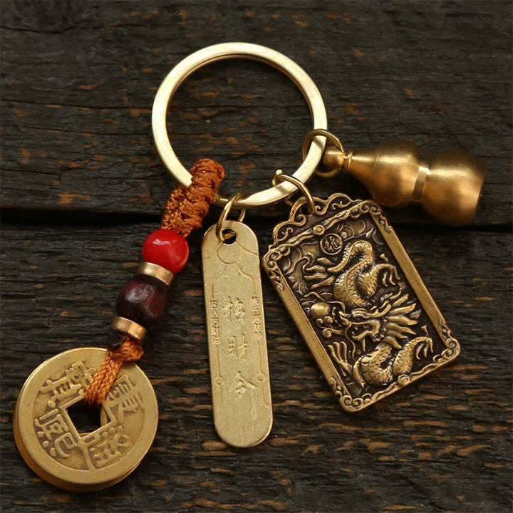 Buddha Stones Portachiavi in ​​rame con monete dello zodiaco cinese dei Cinque Imperatori e zucca protettiva - Drago - image 10