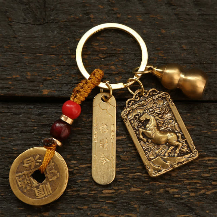 Buddha Stones Portachiavi in ​​rame con monete dello zodiaco cinese dei Cinque Imperatori e zucca protettiva - Cavallo - image 13
