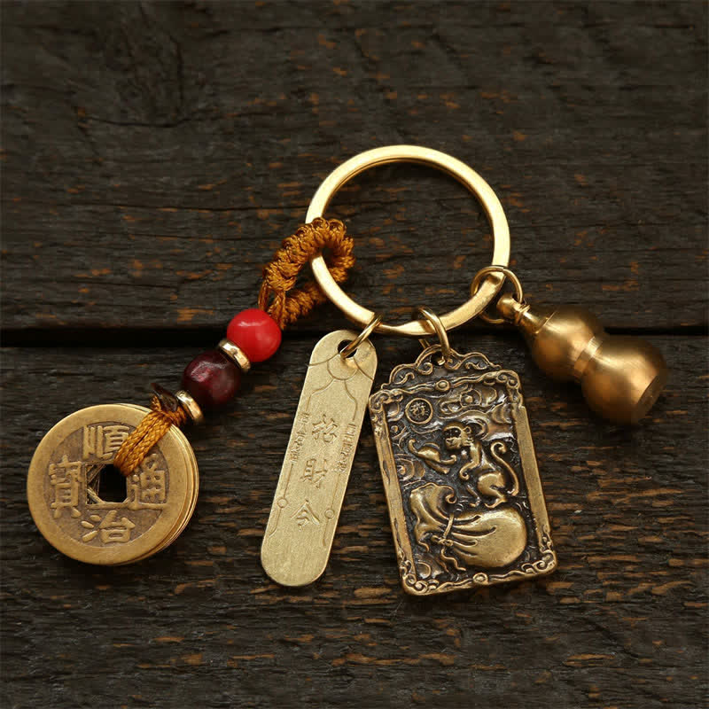 Buddha Stones Portachiavi in ​​rame con monete dello zodiaco cinese dei Cinque Imperatori e zucca protettiva - Scimmia - image 17