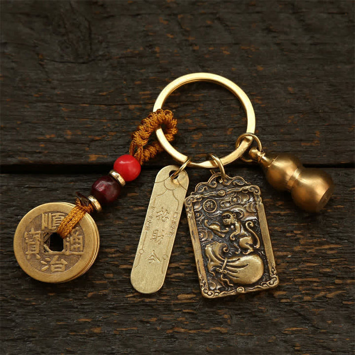 Buddha Stones Portachiavi in ​​rame con monete dello zodiaco cinese dei Cinque Imperatori e zucca protettiva - Scimmia - image 17