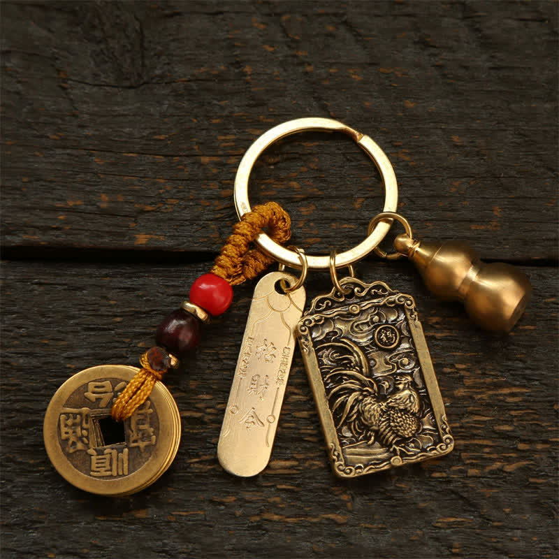 Buddha Stones Portachiavi in ​​rame con monete dello zodiaco cinese dei Cinque Imperatori e zucca protettiva - Gallo - image 18