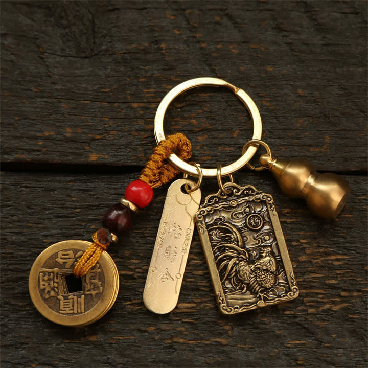 Buddha Stones Portachiavi in ​​rame con monete dello zodiaco cinese dei Cinque Imperatori e zucca protettiva - Gallo - image 18