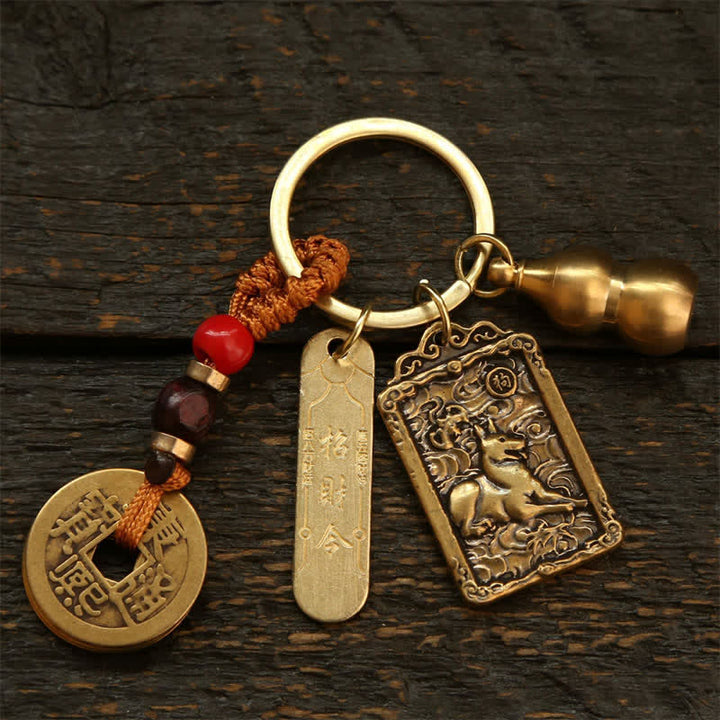 Buddha Stones Portachiavi in ​​rame con monete dello zodiaco cinese dei Cinque Imperatori e zucca protettiva - Cane - image 19