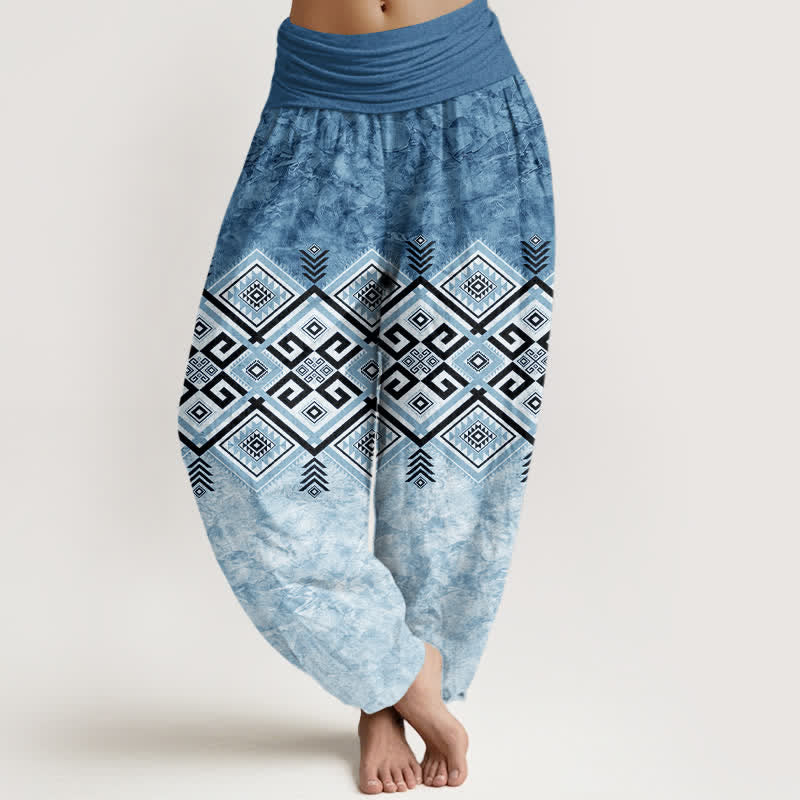 Buddha Stones Pantaloni harem da donna in cotone con motivo geometrico tribale e vita elasticizzata. - SteelBlue - US16, UK/AU20, EU48 (3XL) - image 5