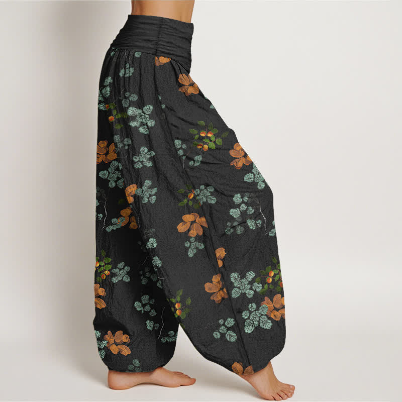 Buddha Stones Pantaloni harem da donna in cotone con motivo a fiori d'arancio e foglie di menta, con elastico in vita. - image 1