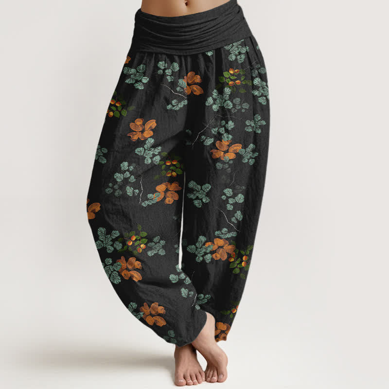 Buddha Stones Pantaloni harem da donna in cotone con motivo a fiori d'arancio e foglie di menta, con elastico in vita. - Nero - US16, UK/AU20, EU48 (3XL) - image 0