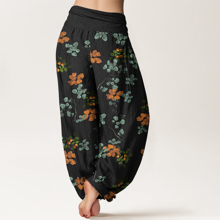 Buddha Stones Pantaloni harem da donna in cotone con motivo a fiori d'arancio e foglie di menta, con elastico in vita. - image 2