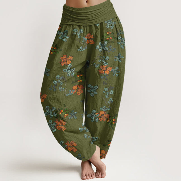 Buddha Stones Pantaloni harem da donna in cotone con motivo a fiori d'arancio e foglie di menta, con elastico in vita. - Verde oliva - US16, UK/AU20, EU48 (3XL) - image 5