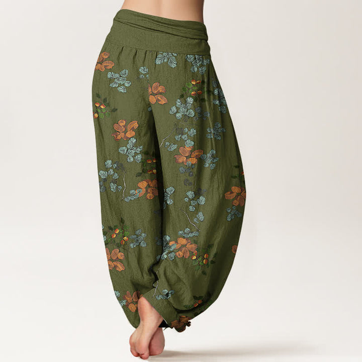 Buddha Stones Pantaloni harem da donna in cotone con motivo a fiori d'arancio e foglie di menta, con elastico in vita. - image 7
