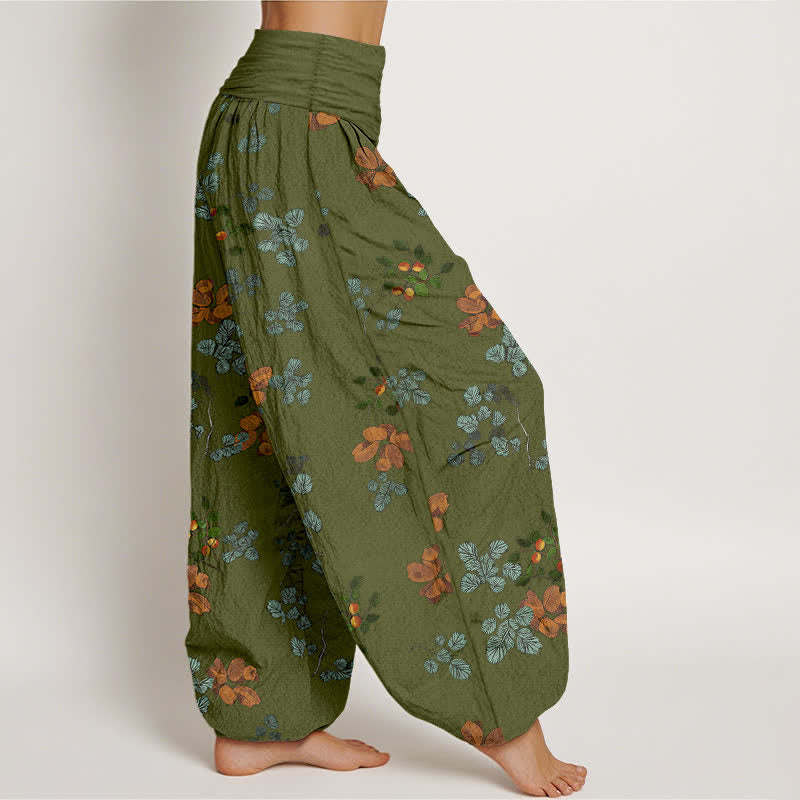 Buddha Stones Pantaloni harem da donna in cotone con motivo a fiori d'arancio e foglie di menta, con elastico in vita. - image 6