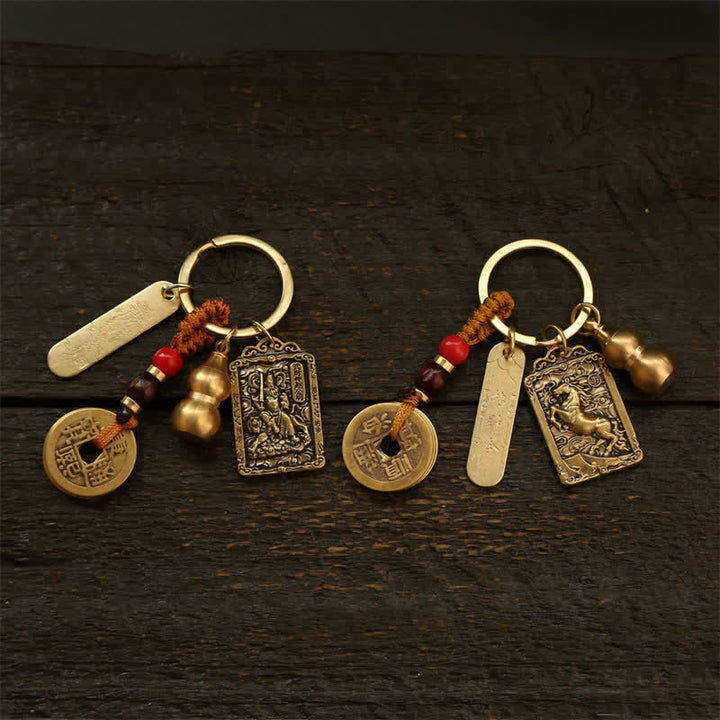 Buddha Stones Portachiavi in ​​rame con monete dello zodiaco cinese dei Cinque Imperatori e zucca protettiva - image 16