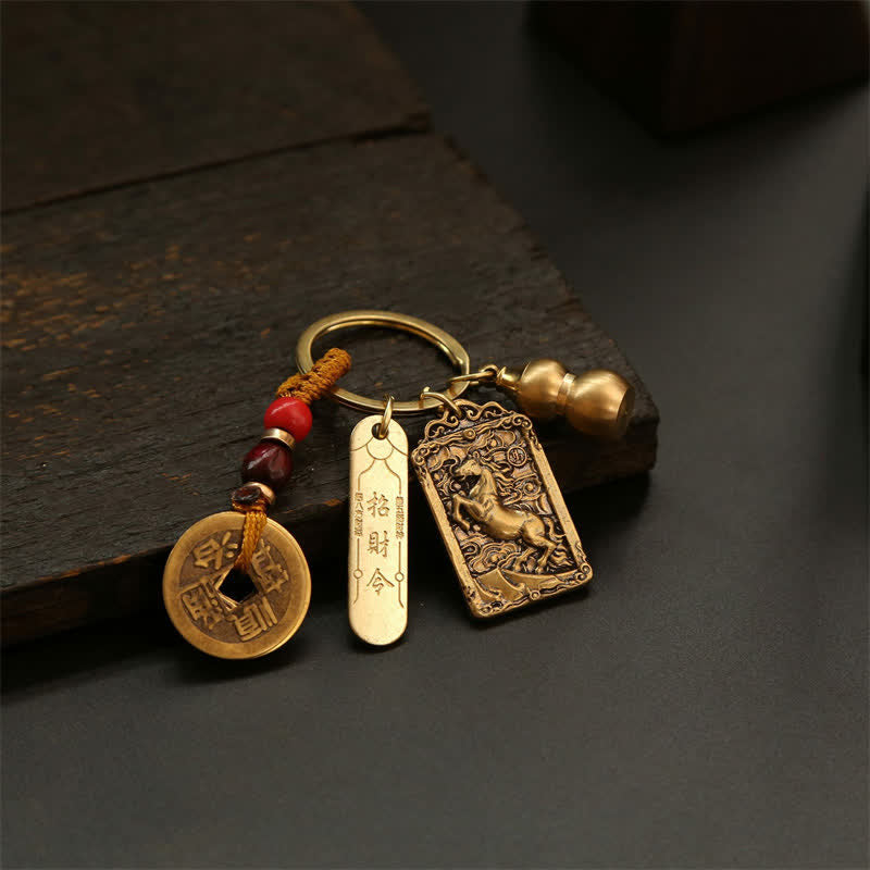 Buddha Stones Portachiavi in ​​rame con monete dello zodiaco cinese dei Cinque Imperatori e zucca protettiva - image 14