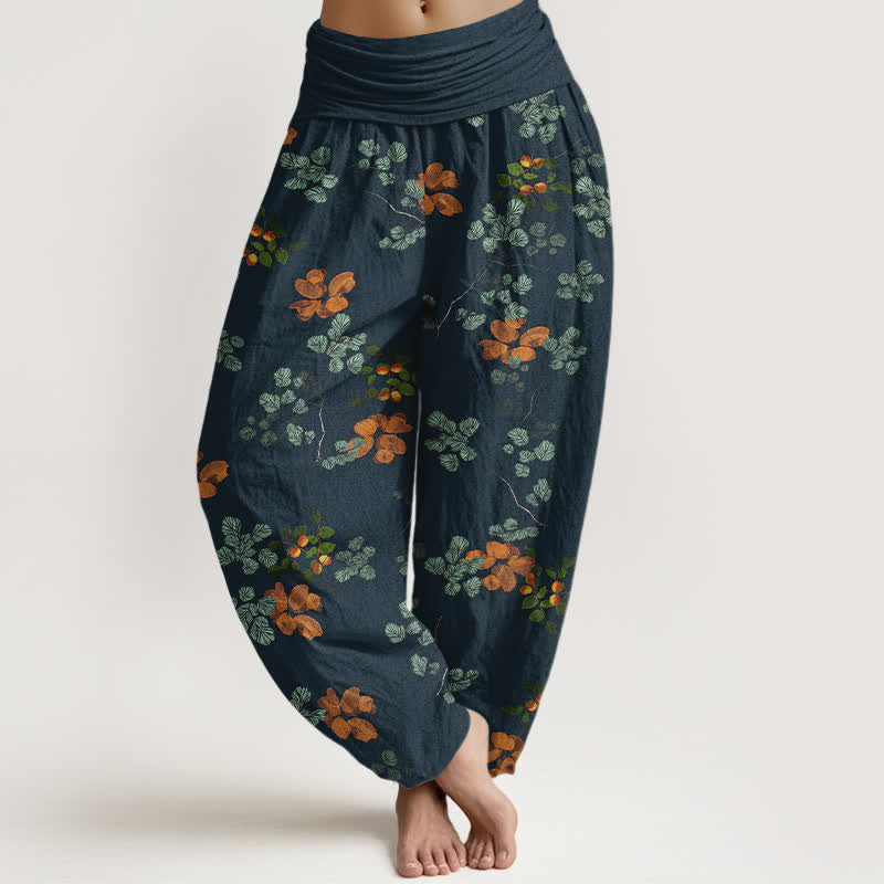 Buddha Stones Pantaloni harem da donna in cotone con motivo a fiori d'arancio e foglie di menta, con elastico in vita. - Marina - US16, UK/AU20, EU48 (3XL) - image 8