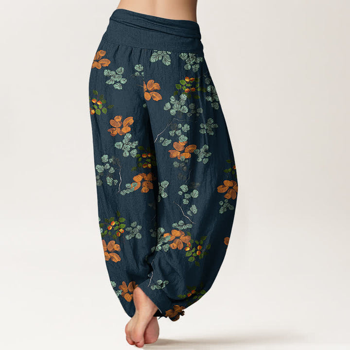 Buddha Stones Pantaloni harem da donna in cotone con motivo a fiori d'arancio e foglie di menta, con elastico in vita. - image 10