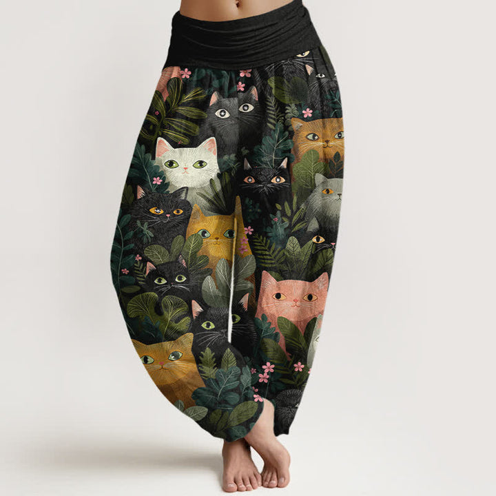 Buddha Stones Pantaloni harem da donna in cotone con stampa di gatti e foglie, elastico in vita. - Nero - US16, UK/AU20, EU48 (3XL) - image 0