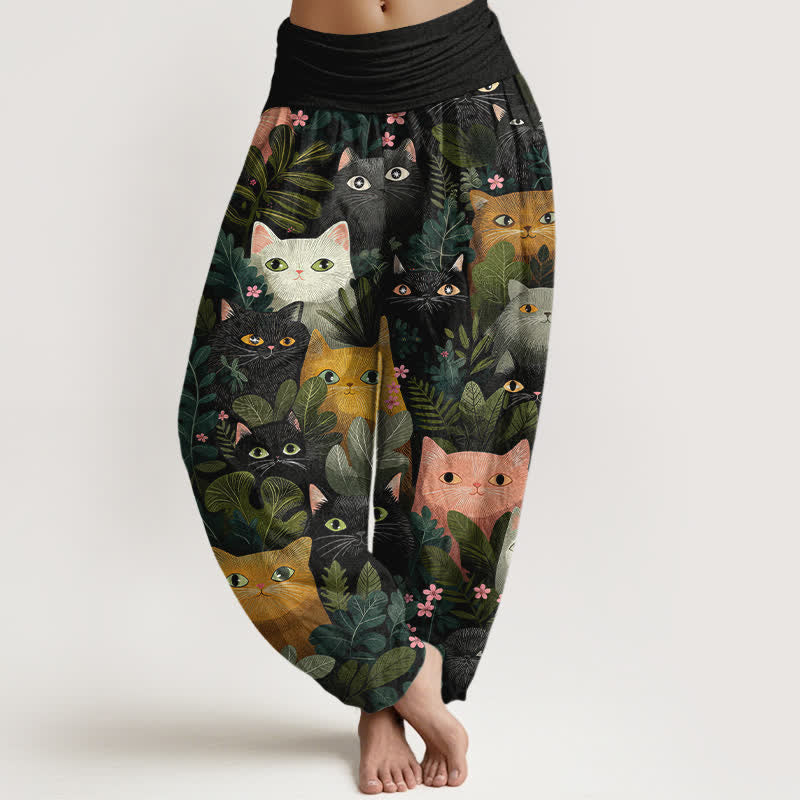Buddha Stones Pantaloni harem da donna in cotone con stampa di gatti e foglie, elastico in vita. - Nero - US16, UK/AU20, EU48 (3XL) - image 0