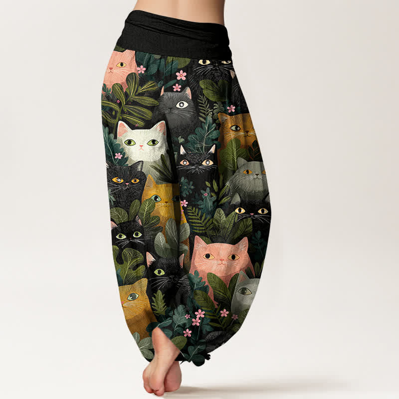 Buddha Stones Pantaloni harem da donna in cotone con stampa di gatti e foglie, elastico in vita. - image 2