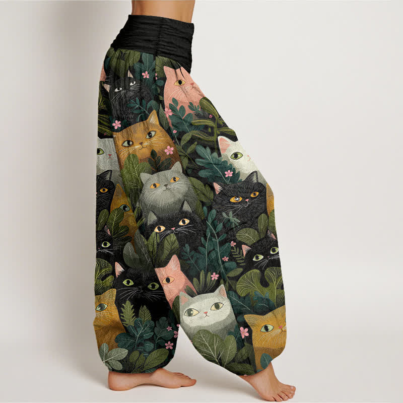 Buddha Stones Pantaloni harem da donna in cotone con stampa di gatti e foglie, elastico in vita. - image 1