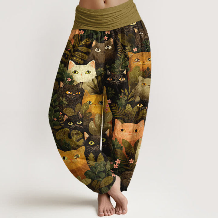 Buddha Stones Pantaloni harem da donna in cotone con stampa di gatti e foglie, elastico in vita. - Oliva - US16, UK/AU20, EU48 (3XL) - image 5