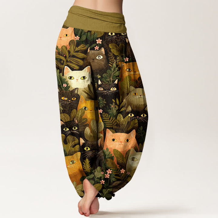 Buddha Stones Pantaloni harem da donna in cotone con stampa di gatti e foglie, elastico in vita. - image 7