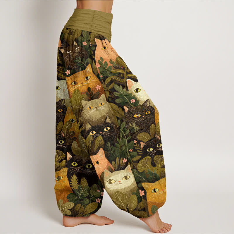 Buddha Stones Pantaloni harem da donna in cotone con stampa di gatti e foglie, elastico in vita. - image 6