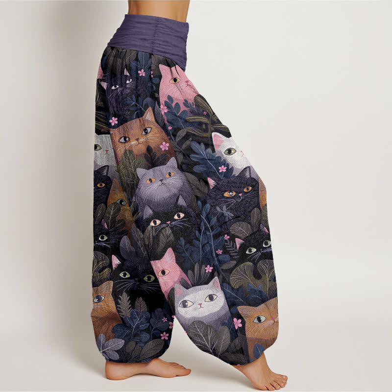 Buddha Stones Pantaloni harem da donna in cotone con stampa di gatti e foglie, elastico in vita. - image 9