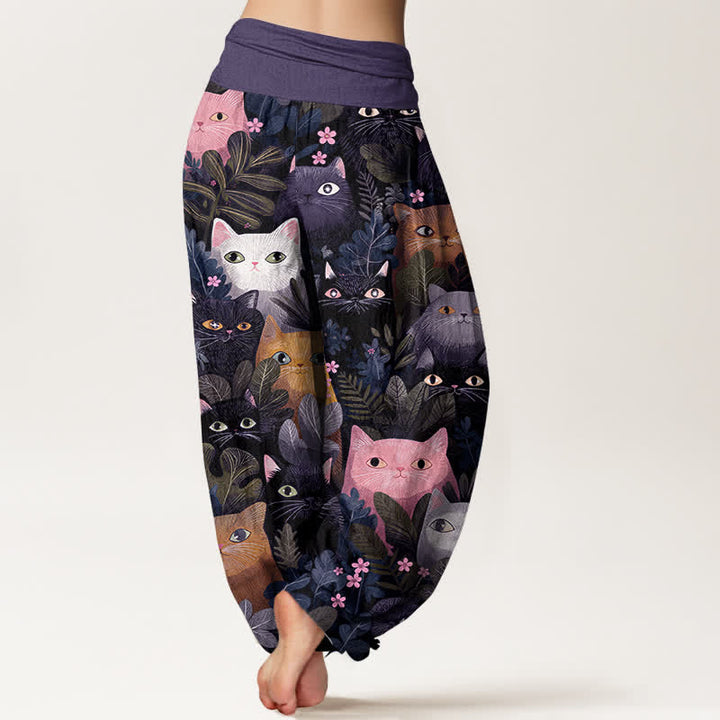 Buddha Stones Pantaloni harem da donna in cotone con stampa di gatti e foglie, elastico in vita. - image 10