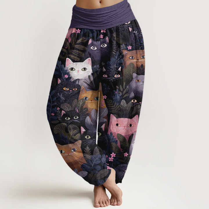 Buddha Stones Pantaloni harem da donna in cotone con stampa di gatti e foglie, elastico in vita. - BluViola - US16, UK/AU20, EU48 (3XL) - image 8